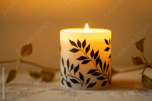 A lit cylindrical candle with a warm, inviting glow and black leaf designs on a beige background, Generative AI.