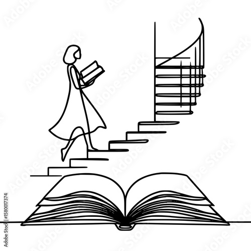 Woman walking up stairs with book above open pages in outline style , single line outline vector school 