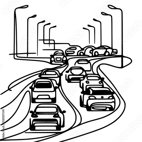 Line drawing of cars on busy highway with streetlights illuminating  