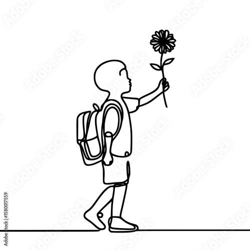 Young boy walking with a backpack and holding a flower in hand  