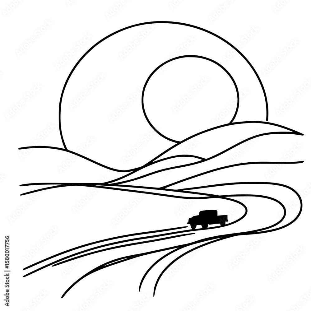 Obraz premium Scenic outline of a truck driving on winding road under the sun - Concept of single line outline vector school 