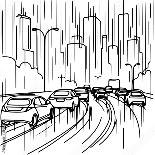 Urban traffic in the rain with city skyline and heavy downpour  
