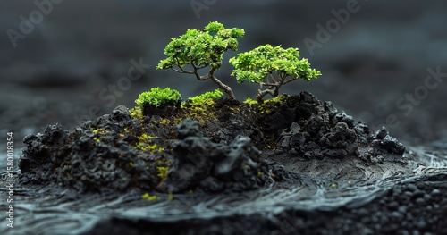 A miniature volcanic island on Black Rock with verdant trees, Generative AI.