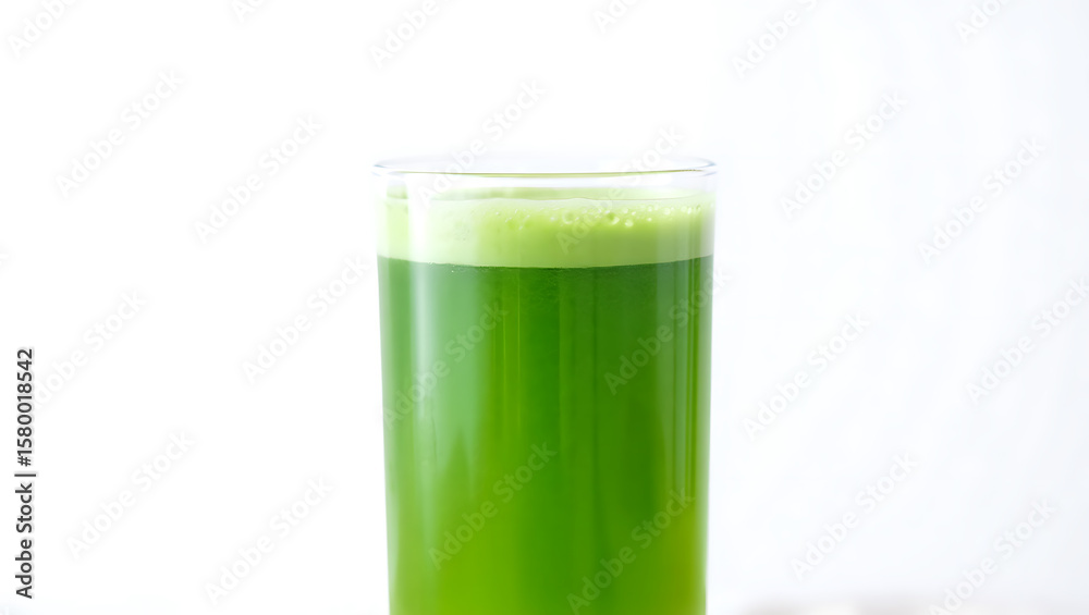 Tall glass filled with vibrant green juice topped with a frothy layer Tall glass filled with vibrant green juice topped with a frothy layer