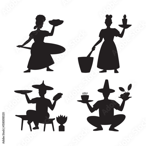 Silhouettes of people serving food and drinks vector
