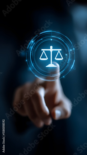 Scales of justice is touched with a fingertip, showing law, legal advice and judgment concept using modern digital technology.