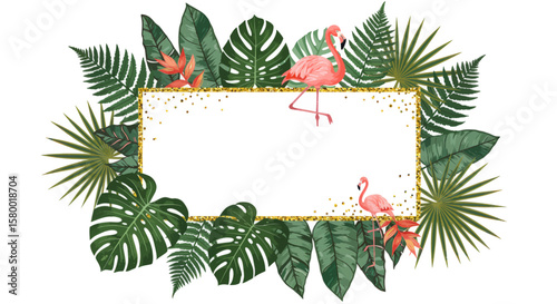 Tropical Frame Featuring Pink Flamingos Among Lush Green Leaves and Plants