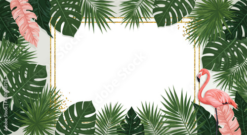 Tropical Foliage Frame with Flamingo and Vibrant Green Leaves for Decoration