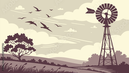 Windmill standing in a wide open field under a blue sky with clouds
