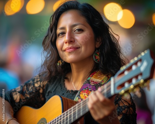 Hispanic woman musician playing acoustic guitar at live music event with intricate instrument details and focused expression showcasing musical talent and artistic performance