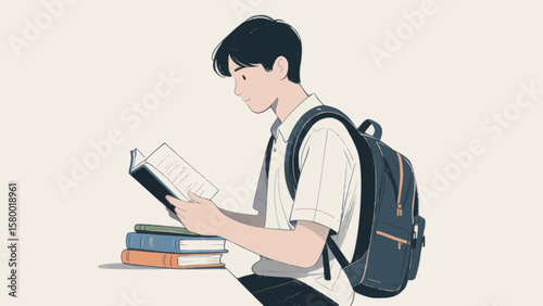 Young Student Reading Books While Sitting on a Floor with Backpack Nearby