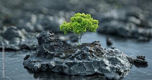 A miniature volcanic island on Black Rock with verdant trees, Generative AI.