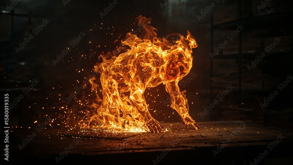 Fototapeta premium A creature engulfed in flames, resembling a canine, appears to be running or leaping forward in a dark, industrial-like setting.