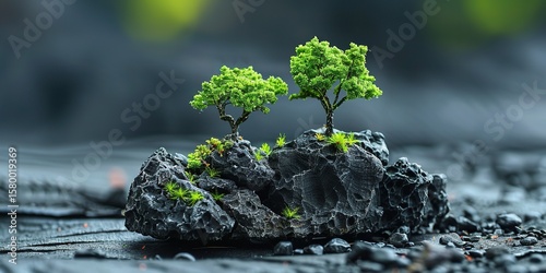 A miniature volcanic island on Black Rock with verdant trees, Generative AI.