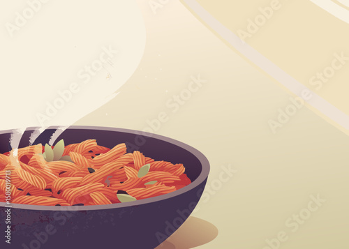 Colorful Pasta Dish in Bowl Emitting Steam for Culinary Blogs, Recipe Websites, Food Menus, Social Media Content, Wellness and Nutrition Awareness  