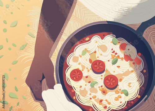 Hand Holding Bowl of Spaghetti with Tomato Sauce, Herbs, and Vegetables on Neutral Background for Food Blogs, Recipes, Cooking Websites, and Social Media Posts  