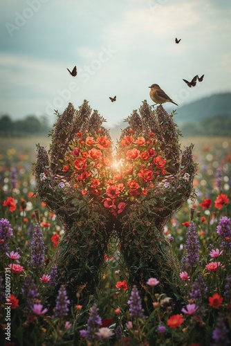 Loving hands formed from plants cradle blooming roses, a bird perches above, butterflies flutter in a vibrant meadow.