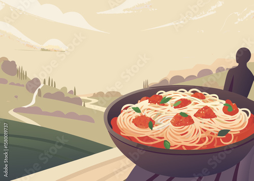 Plate of Spaghetti with Tomato Sauce and Basil Against a Scenic Landscape for Food Blogs, Italian Cuisine Websites, Recipe Cards, and Culinary Content  