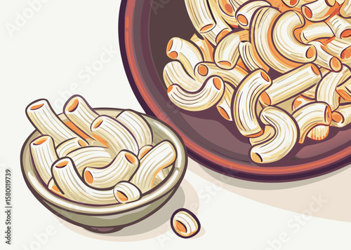 Dry Elbow Pasta in Bowl and Plate for Cooking Blogs, Recipe Websites, Food Education, Culinary Art, Kitchen Decor, and Nutrition Awareness  