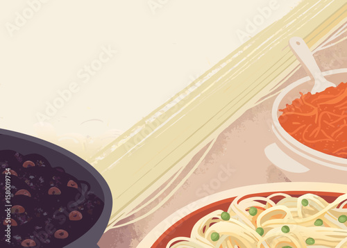 Pasta Dishes with Olive Sauce and Tomato Sauce on a Soft Background for Culinary Blogs, Recipe Websites, Menu Design, Food Education, and Dining Social Media Content  