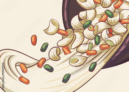 Colorful Pasta Spirals Falling from a Bowl for Food Blogs, Recipe Websites, Culinary Classes, Nutrition Awareness, and Restaurant Menus  