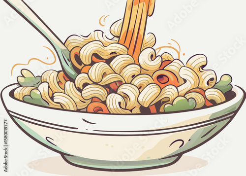 Delicious Bowl of Curly Pasta with Vegetables and Spoon for Food Blogs, Culinary Websites, Recipe Cards, Nutrition Articles, and Social Media Food Content  