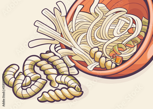 Pile of Colorful Pasta with an Artistic Bowl Design for Food Blogs, Culinary Websites, Recipe Cards, Cooking Tutorials, and Nutrition Education