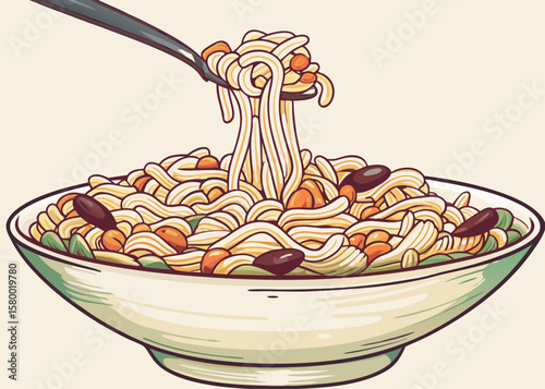 Colorful Plate of Noodles with Vegetables and Beans Being Served for Food Blogs, Culinary Websites, Recipe Collections, and Social Media Food Content  