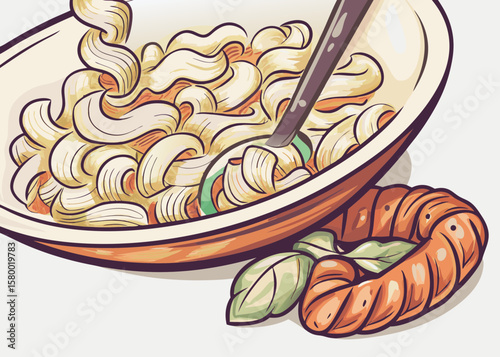 Whimsical Illustration of Twisted Pasta with a Spoon and a Side of Bread Roll for Food Blogs, Culinary Websites, Menu Designs, Recipe Cards, and Social Media Content  