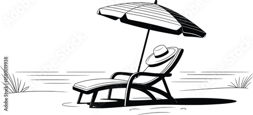 Beach Chair and Umbrella Silhouette Vector, Black and White Coastal Relaxation Illustration.

