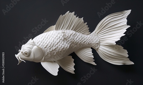 A sophisticated, finely detailed white paper sculpture of a fish, shown artistically on a plain background, Generative AI.