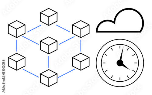 Connected blocks within a network, a cloud, and a clock suggesting blockchain, cloud storage, data synchronization, real-time processing, decentralization, technology integration. Ideal