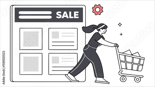 Woman pushing shopping cart near a display with sale sign and product images for online shopping experience