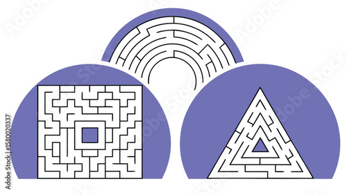 Adobe IllustrAbstract maze illustration with triangle square and circular labyrinths over purple semicircle background
ator Artwork