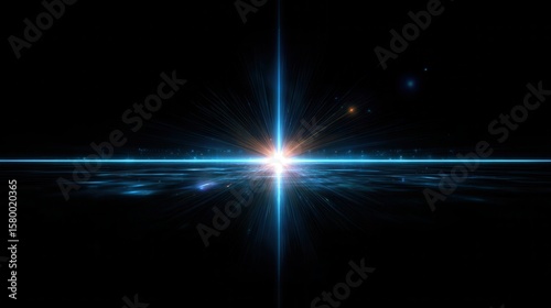 Bright blue light streaks outward in a starburst over dark surface. Ideal for science, technology, abstract concepts, and cosmic themes.