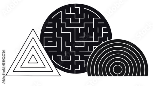Adobe Illustrator ArtworkAbstract geometric illustration with triangle maze circle labyrinth and semicircle line pattern in black and white
