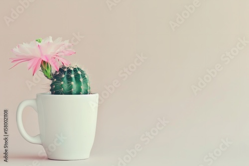 A tiny pink-flowered green cactus blossoms in a white coffee mug on a simple, bright background, Generative AI.
