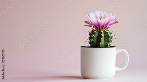 A tiny pink-flowered green cactus blossoms in a white coffee mug on a simple, bright background, Generative AI.