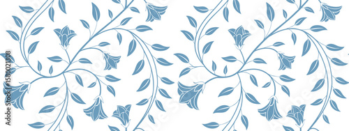 Seamless floral vine pattern with delicate blue bell-shaped flowers and leaves on white background. Elegant botanical vector design ideal for fabric, wallpaper, and surface prints. Romantic and decora