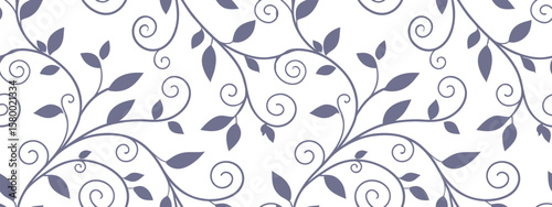 Seamless decorative pattern with swirling vines and dark purple leaves on a white background. Perfect for elegant wallpapers, wedding designs, textiles, invitations, and botanical projects.