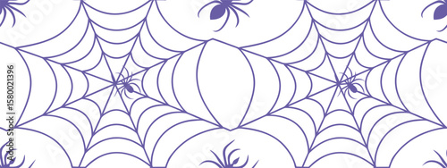 Seamless Halloween-themed pattern with purple spiders on detailed spiderwebs over a white background. Ideal for spooky decorations, holiday packaging, party invitations, and festive crafts.