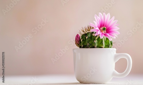 A tiny pink-flowered green cactus blossoms in a white coffee mug on a simple, bright background, Generative AI.