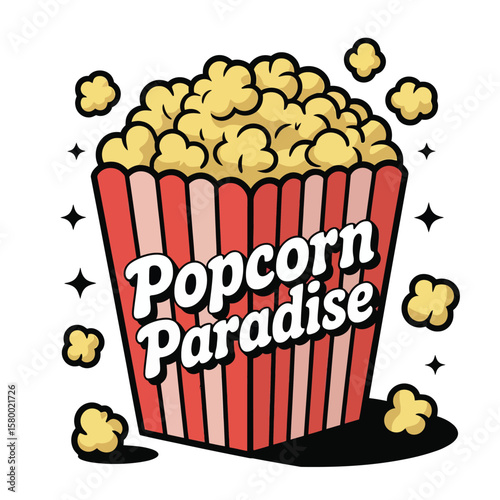 Popcorn paradise illustration with stars and scattered kernels vector design.