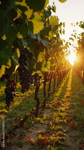 Sunlight filtering through verdant vineyard rows, golden grapes glistening, embodying seasonal bounty and agricultural tranquility