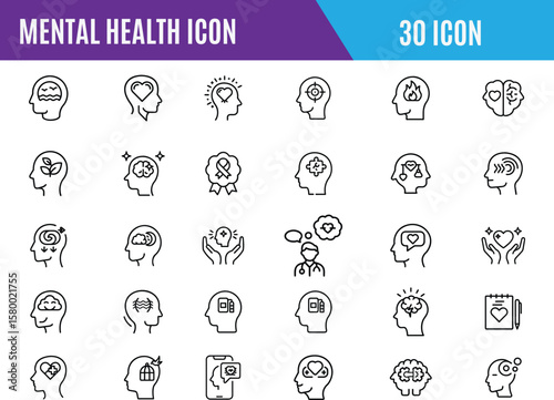 Mental health icons set. Mental health line icons set collection, Psychology, Containing depression, panic, and mind disorder icons.