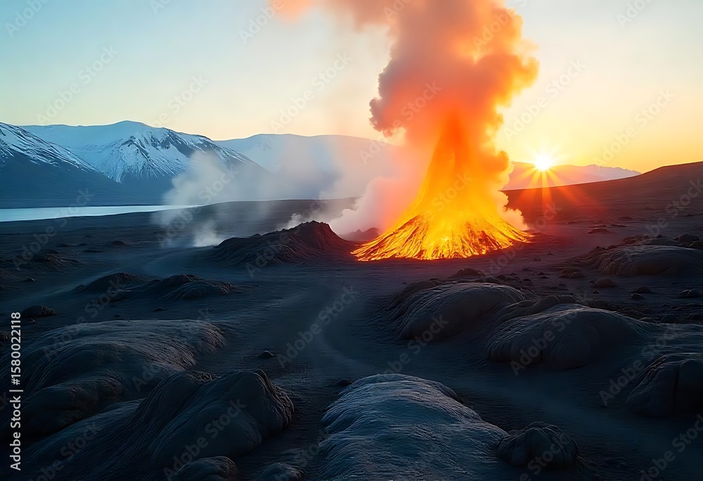 Active Icelandic volcano emits swirling smoke over rugged lava fields and pristine glacier ice, capturing raw earth energy, adventure, and dramatic natural beauty in vivid detail. Active Icelandic volcano emits swirling smoke over rugged lava fields and pristine glacier ice, capturing raw earth energy, adventure, and dramatic natural beauty in vivid detail.