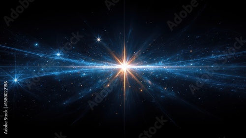 A bright star shines in the center of the image with blue light streaks. Use this for science, astronomy or technology themes like data streams.