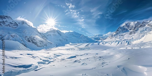 An aerial view of a mountain peak and a snow-covered glacier valley under a sunny sky, Generative AI.