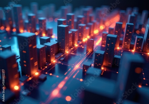 Futuristic city built on a circuit board showing data flowing through buildings