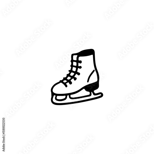 Minimalist hand-drawn outline icon of a single figure skate. Classic ice skate boot with laces and a blade. Winter sports equipment illustration in black and white doodle style. 
